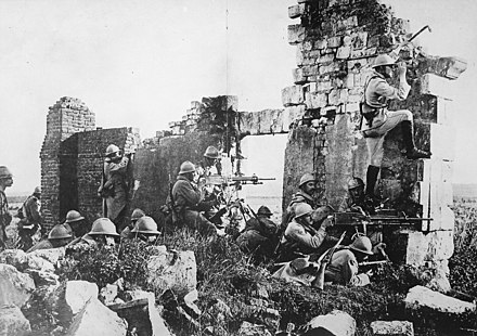 French Army soldiers holding a position in the ruins of a church during the Second Battle of the Marne, part of World War I