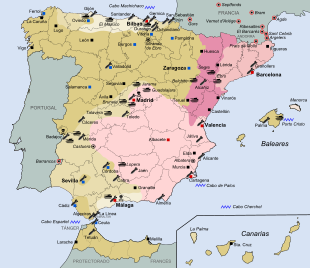 General map of the Spanish Civil War (1936-39). Key
.mw-parser-output .legend{page-break-inside:avoid;break-inside:avoid-column}.mw-parser-output .legend-color{display:inline-block;min-width:1.25em;height:1.25em;line-height:1.25;margin:1px 0;text-align:center;border:1px solid black;background-color:transparent;color:black}.mw-parser-output .legend-text{}
Initial Nationalist zone - July 1936
Nationalist advance until September 1936
Nationalist advance until October 1937
Nationalist advance until November 1938
Nationalist advance until February 1939
Last area under Republican control
Main Nationalist centres
Main Republican centres
Land battles
Naval battles
Bombed cities
Concentration camps
Massacres
Refugee camps General map of the Spanish Civil War (1936-39).svg