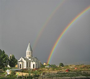 Construction of the Ghazanchetsots Cathedral in Shushi was completed in 1887. Ghazanchetsots Double Rainbow.jpg