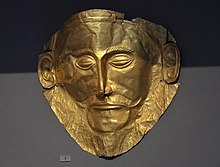 Mycenaean funeral mask known as "Mask of Agamemnon", 16th century BC Gold death-mask, known as the 'mask of Agamemnon', from Mycenae, grave Circle A, 16th century BC, Athens Archaeological Museum, Greece (22669073522).jpg