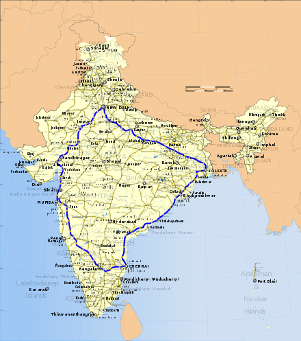 Golden Quadrilateral connects the four major Metropolitan Cities of India, viz., Delhi (north), Kolkata (east), Chennai (south) and Mumbai (west).