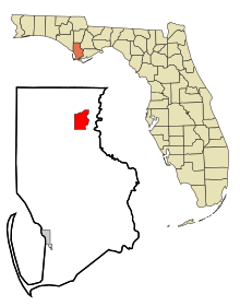 Gulf County Florida Incorporated und Unincorporated Gebiete Wewahitchka Highlighted.svg