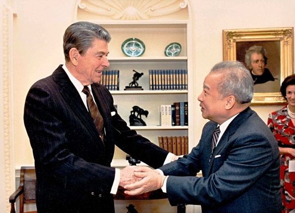 Prince Norodom Sihanouk, for many the recognised leader of Cambodia, pictured with US President Ronald Reagan in the Oval Office, 11 October 1988.