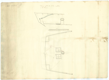 Plan showing a part stern elevation and plan illustrating the fitting of an iron tiller to Harrier Harrier (1831) RMG J0513.png
