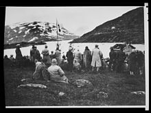 Rally in rural Haukeliseter, with speech by Nansen ("N"). It was often the first centre-right group to establish local activity in more remote places. Haukeliseter, Fridtjof Nansen pa talerstolen, Kyrkeneset - no-nb digifoto 20150121 00225 NB MIT FNR 19772.jpg