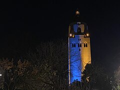 Stanford Hoover tower at night in support of Ukraine during the Russian invasion