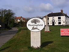 Huntingfield distinctive village sign was designed by a local resident in 2005. Huntingfield Village Sign - geograph.org.uk - 1239637.jpg