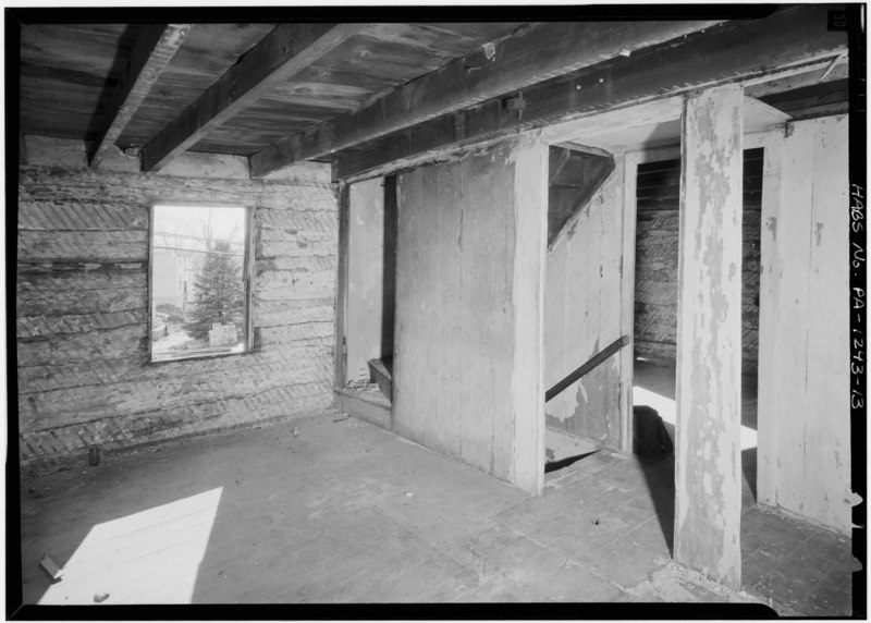 File:INTERIOR, SECOND FLOOR, SOUTH ROOM, SHOWING STAIR - William Pennock House, Swarthmore Avenue (moved to Upland, Delaware County, PA), Swarthmore, Delaware County, PA HABS PA,23-SWAM,1-13.tif