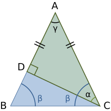 Isosceles triangle with equal sides AB = AC divided into two right triangles by an altitude drawn from one of the two base angles. Isosceles triangle made of right triangles.svg