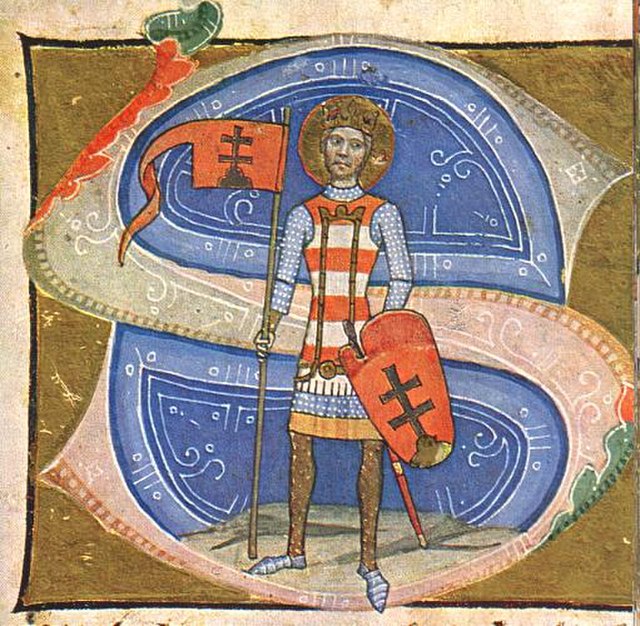 King Saint Stephen – a flag with the "double cross" (Chronicon Pictum, c. 1370)