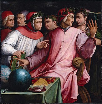 Improbabile riunione tra: ( da destra) Guido Cavalcanti, Dante Alighieri, Giovanni Boccaccio, Francesco Petrarca, Cino da Pistoia e Guittone d'Arezzo