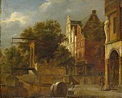 Jan van der Heyden (cityscape) and Adriaen van de Velde (figures). The drawbridge label QS:Len,"The drawbridge" label QS:Lpl,"Most zwodzony" label QS:Lnl,"De ophaalbrug" 1660-1712. oil on panelmedium QS:P186,Q296955;P186,Q106857709,P518,Q861259. 36 × 44.5 cm (14.1 × 17.5 in)cm. Amsterdam, Rijksmuseum Amsterdam.