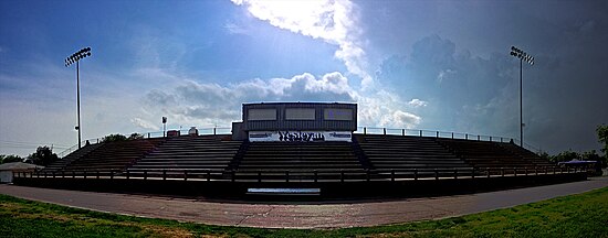 Stadium bleachers at the former Glen Martin Stadium at Kansas Wesleyan University in Salina, Kansas. KWU stadium bleachers wide 1.jpg