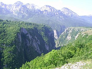 Kanon reky Komarnice u Savniku, v pozadi masiv Vojnik (1997.jpg
