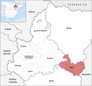 Die Lage des Gerichtsbezirk Caspe in der Provinz Saragossa