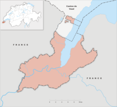 Mapa konturowa Genewy, blisko centrum na dole znajduje się punkt z opisem „Pomnik Reformacji w Genewie”