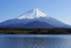 精進湖からみた大室山（手前）と富士山（奥）