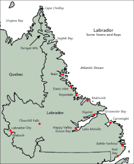 Kaart van Labrador met aanduiding van enkele belangrijke plaatsen