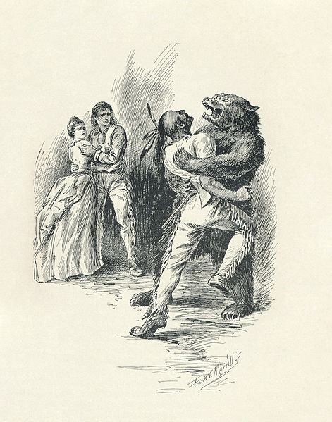 Illustration from the novel's 1896 edition depicting Hawk-eye disguised as a bear fighting Magua in the cave where Alice is held captive