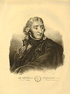 Sepia print labeled "Le Général Augereau" shows a man dressed in a dark military uniform of late 18th century vintage.