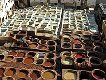 Ancient leather tanning in Fes, Morocco Leather tanning, Fes.jpg