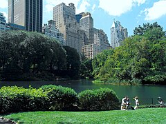 Central Park'ın güney sınırındaki Gölet'ten gökdelenlerin görünümü