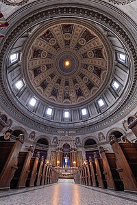 The domed ceiling of Frederik's Church (Marble Church) in Copenhagen, Denmark. Photographer: Martin Kraft