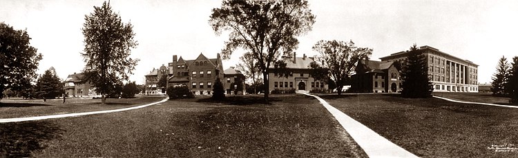Michigan State University's Laboratory Row in 1912 (left to right): Horticulture, Bacteriology, Botany, Dairy, Entomology, and Agriculture. All but Agriculture Hall have since been renamed. MSU Laboratory Row 1912 sepia.jpg