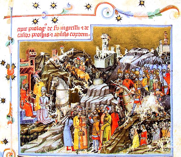 The Magyars' arrival in the Carpathian Basin in the Illuminated Chronicle; according to this source and other 14th-century chronicles, the Magyars arr