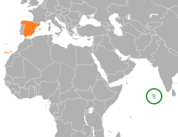 Mapa označující umístění Malediv a Španělska