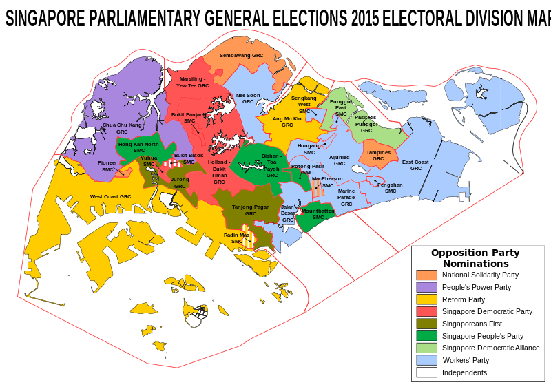 Nominations by various opposition parties as on nomination day on 1 September 2015. Banded shading indicates constituencies with three-cornered contests. (People's Action Party is not included in the map as the party is contesting in all seats). Map of contested electoral divisions in the Singaporean general election 2015.svg