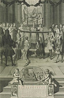 Engraving depicting the marriage of the Duke of Bourbon and Mademoiselle de Nantes at Versailles in 1685, with a nuptial veil held over the couple Marriage of the Duke of Bourbon to Mademoiselle de Nantes, 1685.jpg