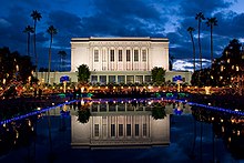 The Mesa Arizona Temple, one of three patterned after the Temple of Solomon Mesa Template at night.jpg