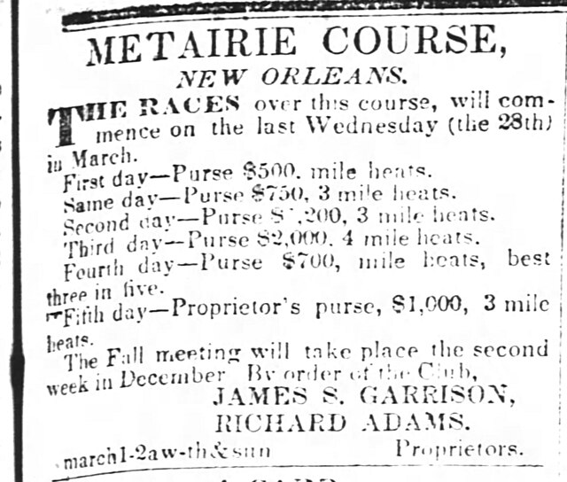 Metairie Race Course Announcement The Times Picayune Thursday March 1, 1838