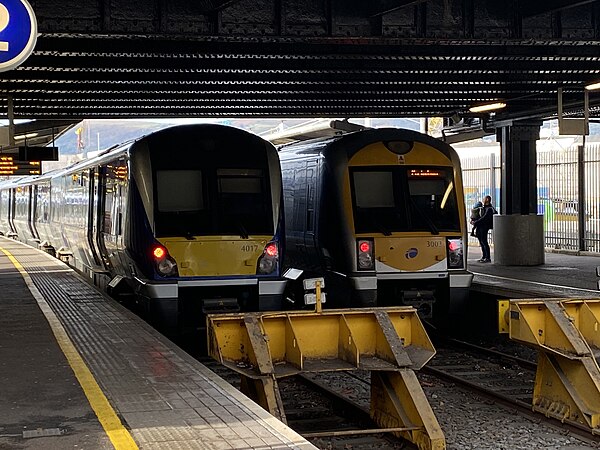 NI Railways Class 4000 (left) and Class 3000 (right); side by side at Great Victoria Street Station, Belfast, October 2022.