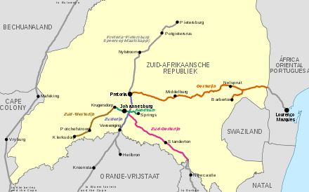 All the east–west railways were constructed by the Netherlands-South African Railway Company, while lines were built from the Cape and Natal, and one to Pietersburg was built by a private British company