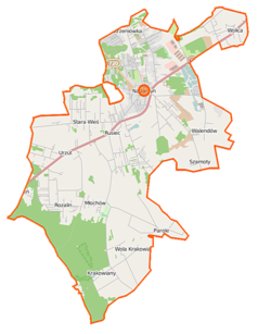 Mapa konturowa gminy Nadarzyn, blisko centrum na lewo znajduje się punkt z opisem „Bieliny”
