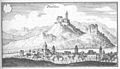 Widok zamku w połowie XVII w. (na wyższym wzgórzu)