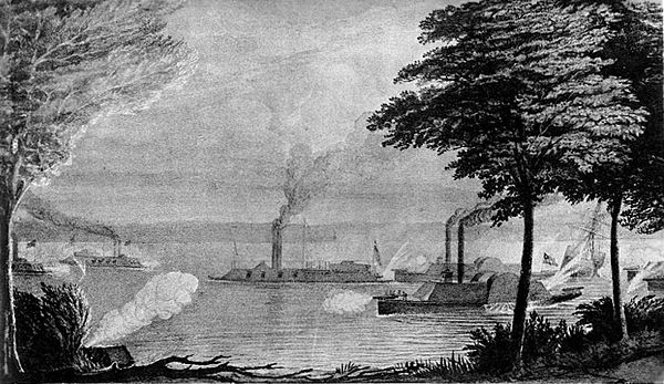 Battle of Plum Point Bend, Tennessee, May 10, 1862. The Confederate vessels are to the right, while the Union ironclads are in the center and left