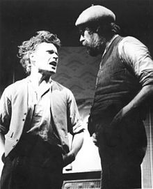 Neil Oram, performing in The Warp's lead role Phil Masters, along with actor Mitch Davies in the role of Marty Mission, at the ICA, London, January 1979. Photograph by Evelyn Honig.