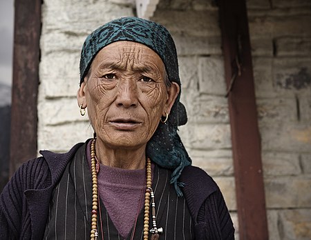 Nepali woman photographed on the Annapurna Circuit in Ghyaru.