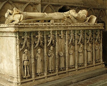 Albasten grafmonument voor Nicholas Fitzherbert, stierf in 1473 na Christus.  e., in de kerk van St. Mary en St. Barlock, Norbury, Derbyshire, Engeland, VK