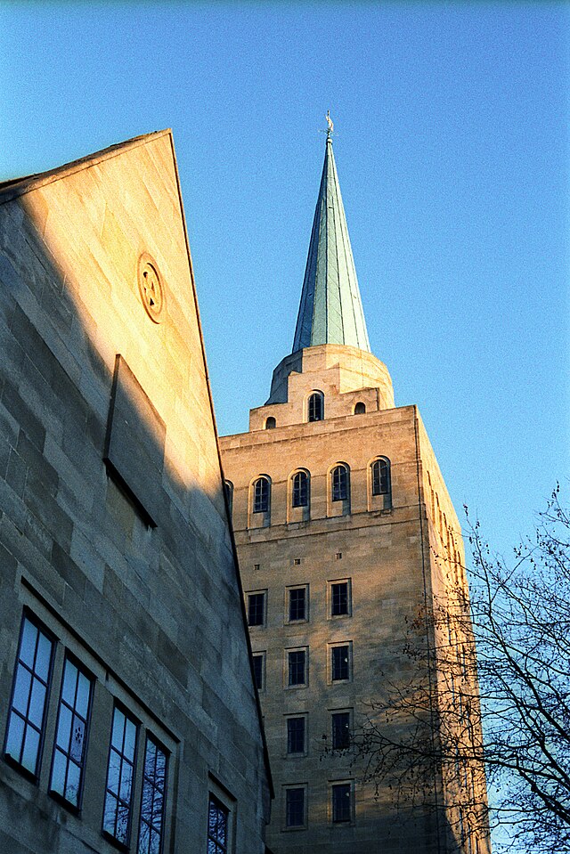 The tower of Nuffield College contains the college's library. It was the first tower built in Oxford for 200 years and is about 150 feet (46m) tall, including the flèche on top.