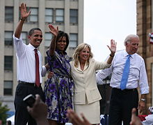 Barack Obama, Michelle Obama, Jill Biden and Joe Biden at the vice presidential announcement on August 23, 2008, in Springfield, Illinois Obamas and Bidens.jpg