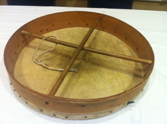 Bottom view of a bodhrán-like frame drum made in the 1960s or earlier; note scarf-joined frame.