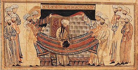 Miniature from 1307 CE depicting Muhammad fixing the black stone into the Kaaba