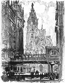 City Hall and the Bridge over Market Street (1912), lithograph by Joseph Pennell.