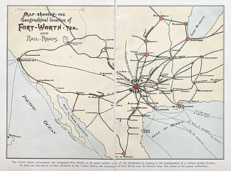 Map - showing - the Geographical location of Fort-Worth, Tex., and Rail-Roads, 1888 Paddock Fort-Worth, Tex., and Rail-Roads 1888 UTA.jpg