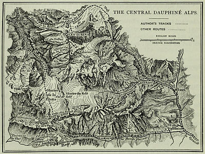 Mapa centralnej części masywu Écrins, z pracy Escalades dans les Alpes de 1860 à 1868 (Edward Whymper).