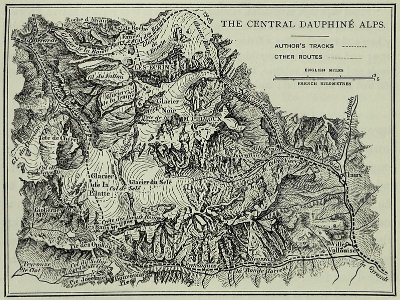 Mapa centralnej części masywu Écrins, z pracy Escalades dans les Alpes de 1860 à 1868 (Edward Whymper).